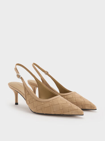 Ivette Faux Suede Woven Pointed-Toe Slingback Pumps, Sand, hi-res