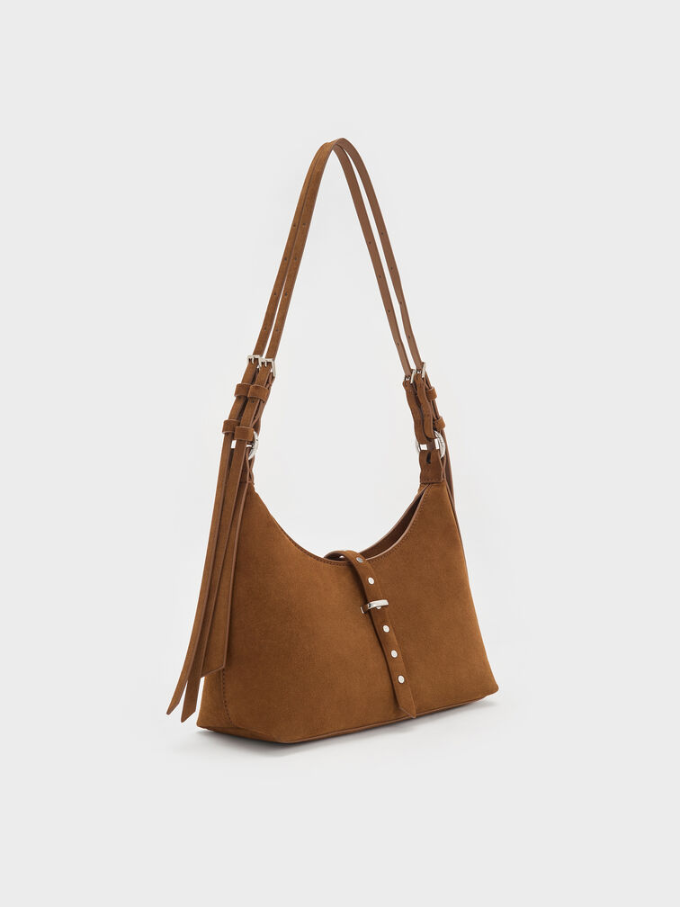 Lark Recycled Suede Studded Belted Shoulder Bag, Sienna Brown, hi-res