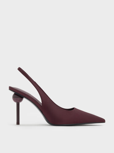 Satin Crystal-Embellished Ball-Heel Pointed-Toe Slingback Pumps, Burgundy, hi-res