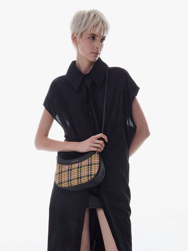 Sabine Tartan Knotted-Strap Curved Shoulder Bag, Tartan Straw, hi-res