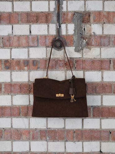 Kerry Recycled Suede Top Handle Satchel Bag, Espresso Brown, hi-res