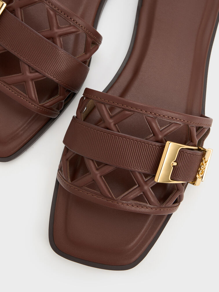 Whitney Leather Cut-Out Slide Sandals, Brown, hi-res