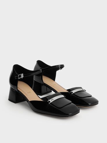 Leather Square-Toe D'Orsay Ankle-Strap Pumps, Black Box, hi-res