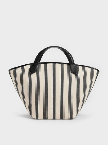Large Ivanna Canvas Striped Tote Bag, Noir, hi-res