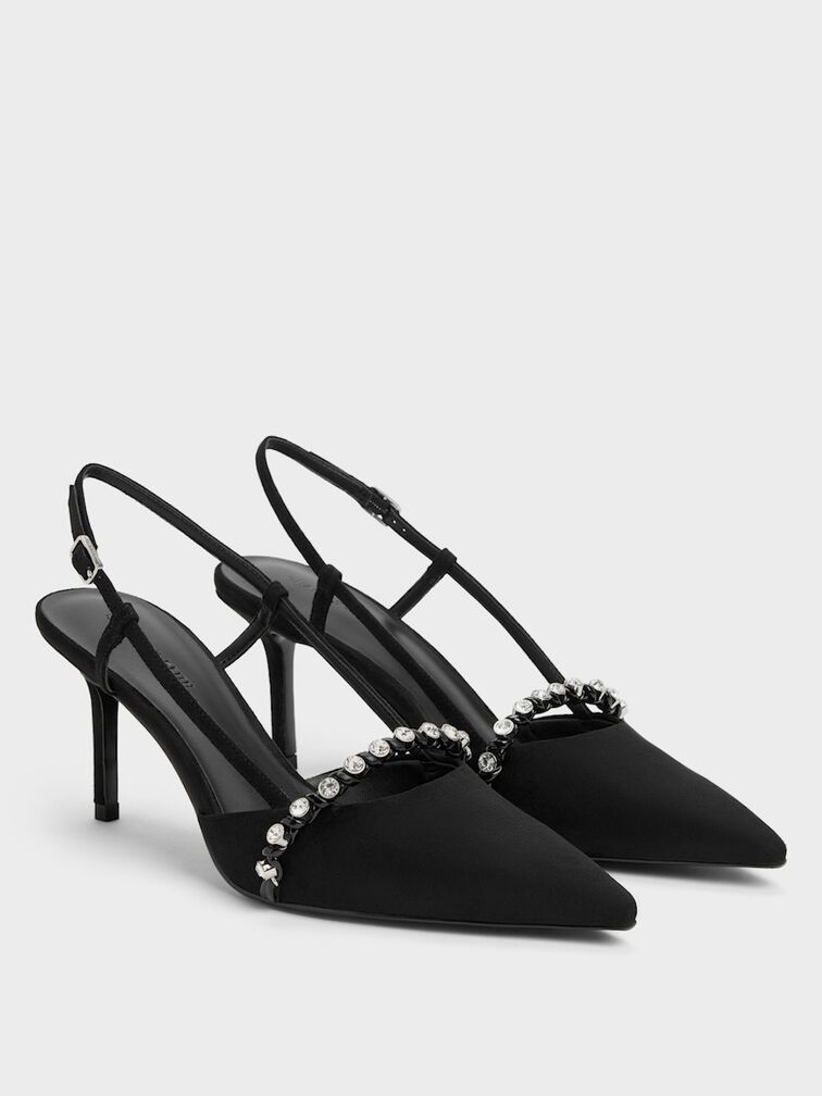 Faux Suede Crystal Slingback Pumps, Black Textured, hi-res