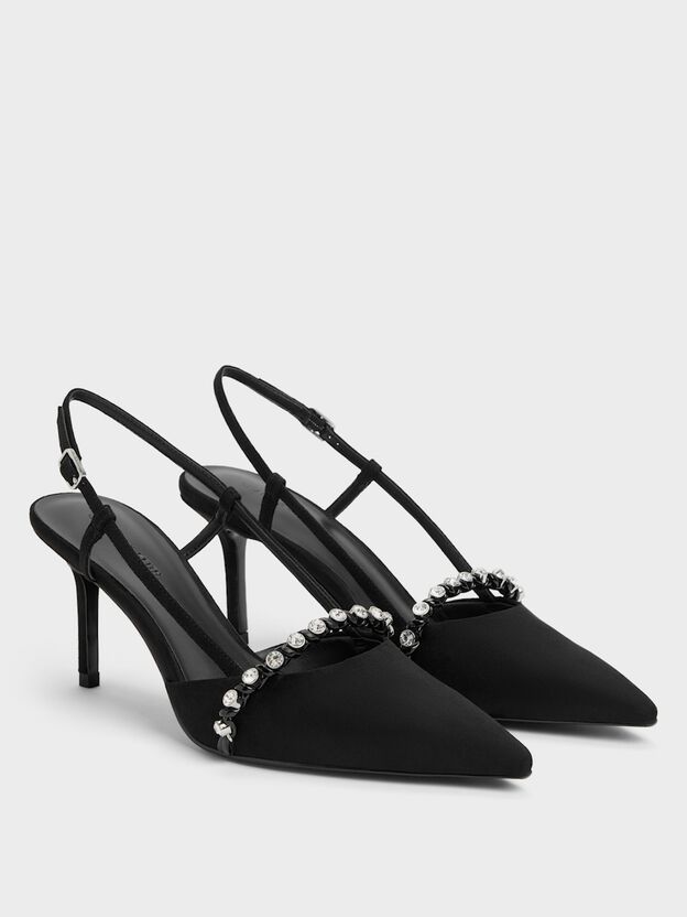 Faux Suede Crystal Slingback Pumps, Black Textured, hi-res