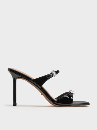 Patent Leather Gem-Buckle Double-Strap Heeled Sandals, Black Patent, hi-res