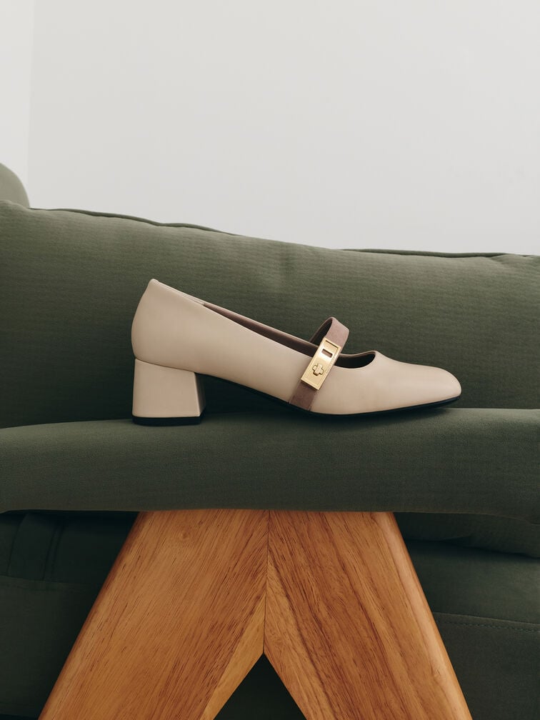 Lando Two-Tone Metallic-Buckle Mary Jane Pumps, Chalk, hi-res
