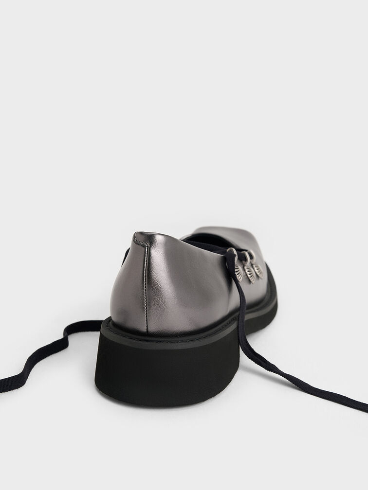 Metallic Heart-Embellished Lace-Up Ballet Flats, Pewter, hi-res