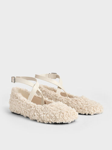 Margot Furry Crossover-Strap Ballet Flats, Chalk, hi-res