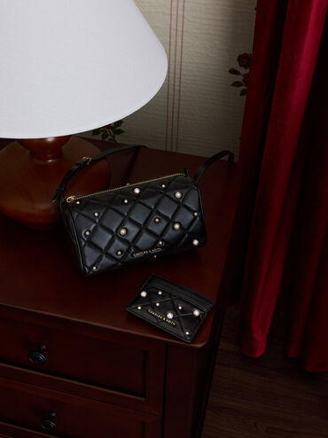 Janie Quilted Pearl Shoulder Bag, Black, hi-res