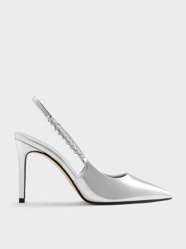 Flores Metallic Gem-Strap Slingback Pumps, Silver, hi-res