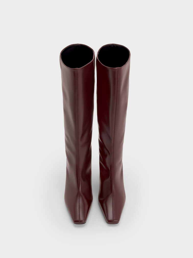 Georgina Leather Tapered Square-Toe Blade-Heel Knee-High Boots, Burgundy, hi-res