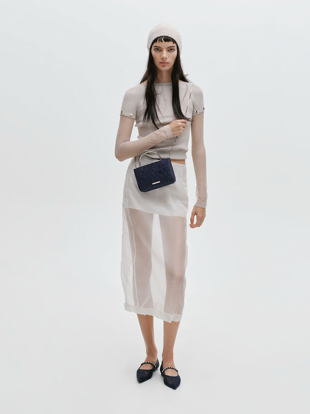 Jennis Lace & Satin Top Handle Bag, Dark Blue Textured, hi-res