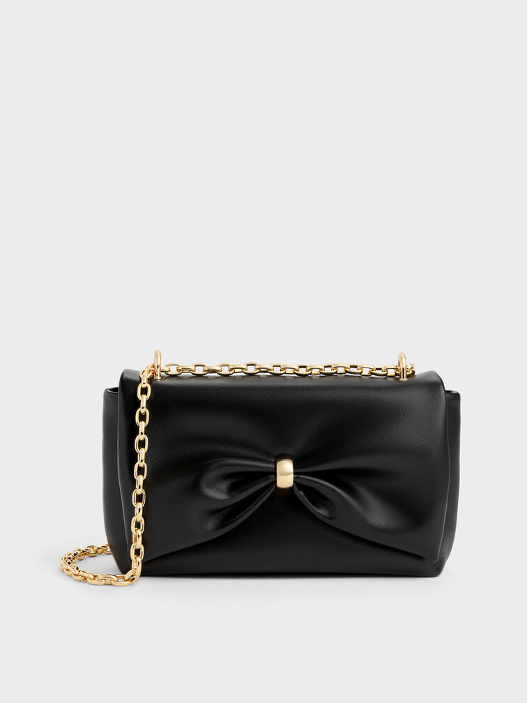 Halsey Ruched Chain Shoulder Bag, Black, hi-res
