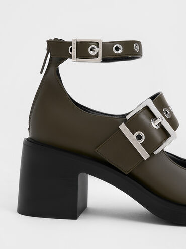 Grommet-Strap Mary Jane Pumps, Olive, hi-res