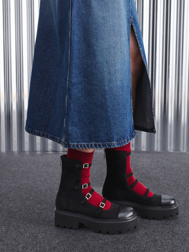 Celia Faux Suede Multi-Strap Calf Boots, Black Textured, hi-res