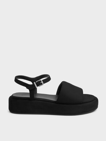 Faux Suede Ankle-Strap Flatform Sandals, Black Textured, hi-res