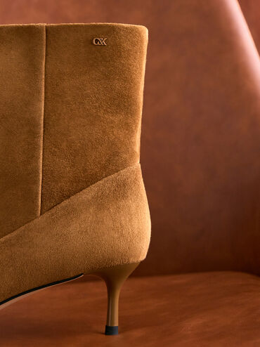 Aretha Suede Bow Kitten-Heel Calf Boots, Brown, hi-res