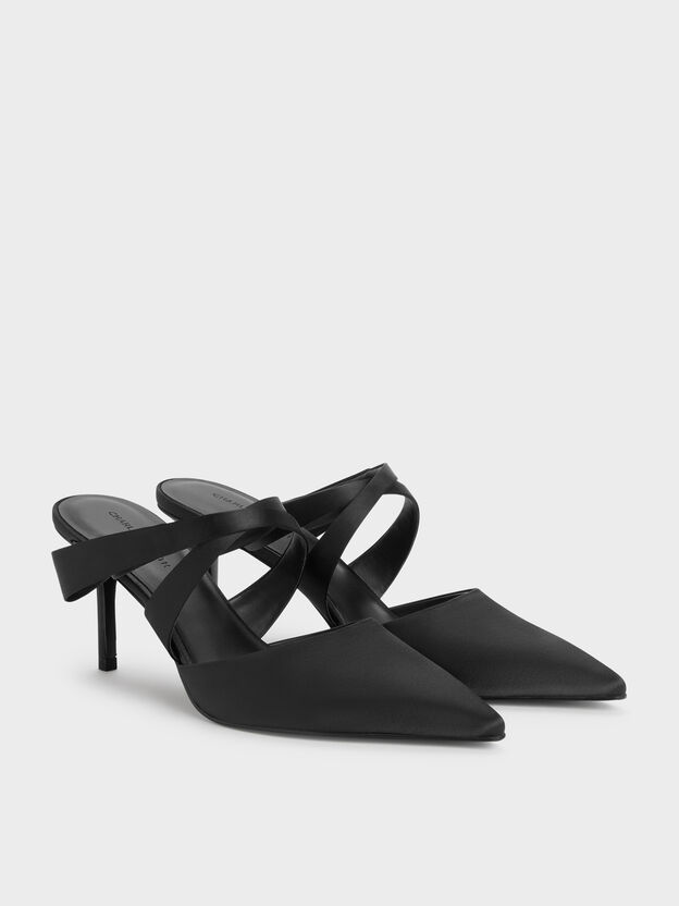 Satin Pleated-Strap Heeled Mules, Black Textured, hi-res