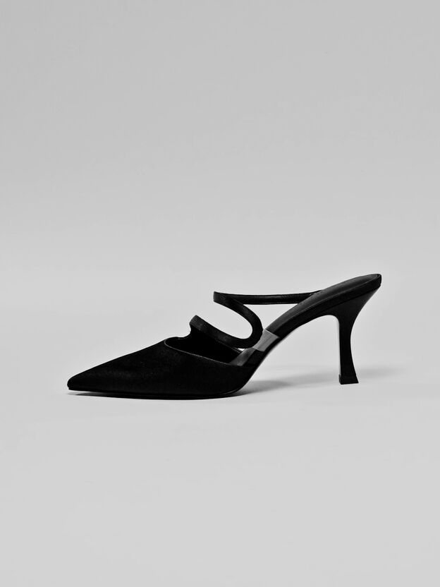 Arden Satin Pointed Wavy Heeled Mules, Black Textured, hi-res