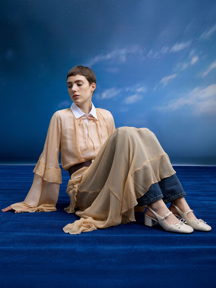 Patent Bow Crystal-Pearl Slingback Mary Jane Pumps, Chalk, hi-res