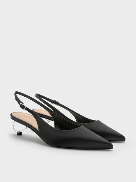 Pointed Crystal-Heel Slingback Pumps, Black Textured, hi-res