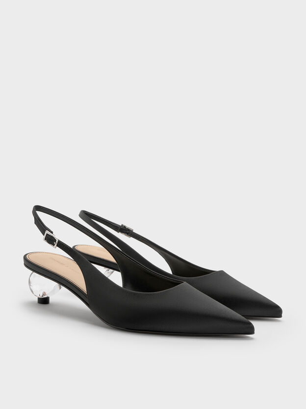 Pointed Crystal-Heel Slingback Pumps, Black Textured, hi-res
