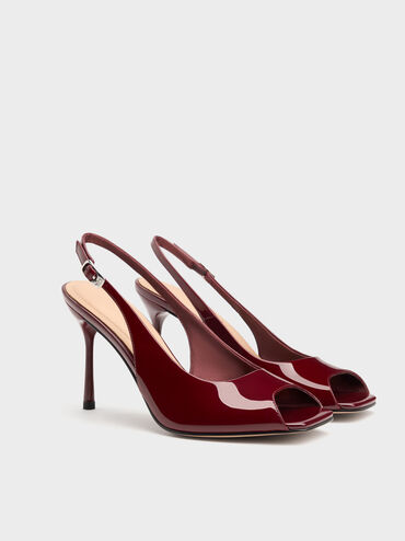 Kyra Patent Peep-Toe Slingback Heels, Burgundy, hi-res