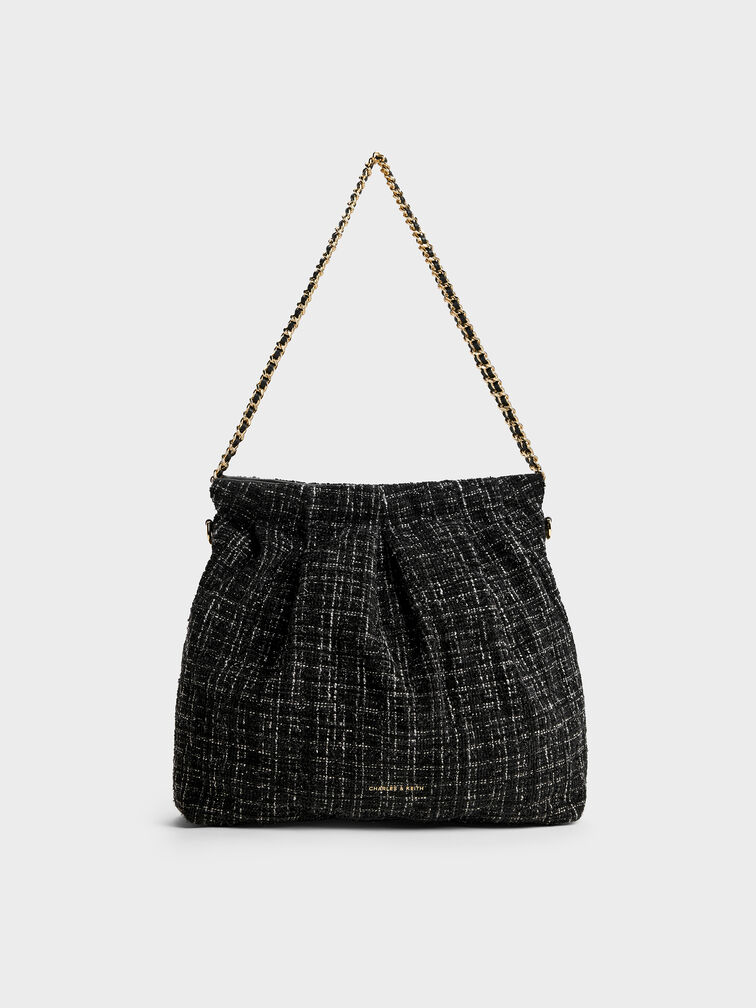 Duo Tweed Double-Chain Hobo Bag, Black Tweed, hi-res