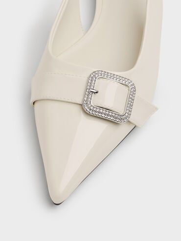 Patent Crystal-Buckle Pointed-Toe Slingback Flats, Chalk, hi-res