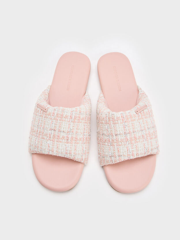 Tweed Puffy Wide-Strap Slide Sandals, Light Pink, hi-res