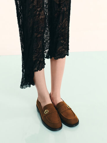 Marley Faux Suede Metallic-Accent Loafers, Cognac, hi-res
