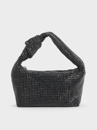 Crystal-Embellished Knotted-Strap Shoulder Bag, Noir, hi-res