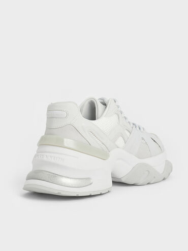 Mesh Contrast-Trim Chunky Sneakers, White, hi-res