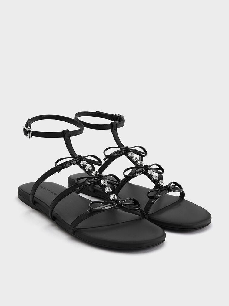 Gem-Embellished Bow T-Bar Sandals, Black, hi-res