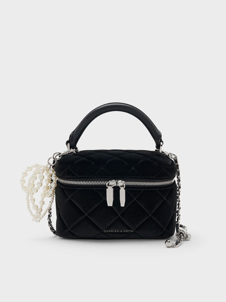 Arwen Velvet Quilted Top Handle Vanity Bag, Noir, hi-res