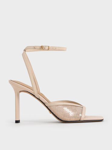 Sequin Mesh & Leather Ankle-Strap Heeled Sandals, Nude, hi-res