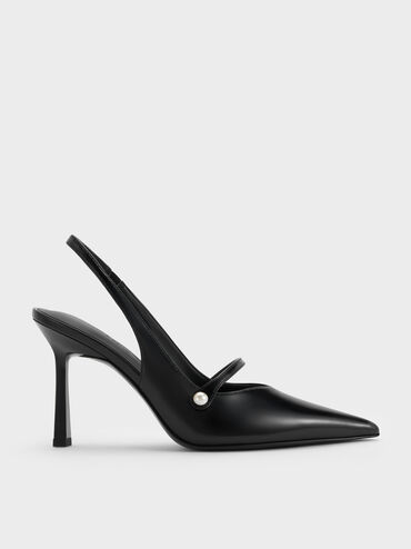 Helena Pearl-Buckle Pointed-Toe Slingback Pumps, Black Box, hi-res