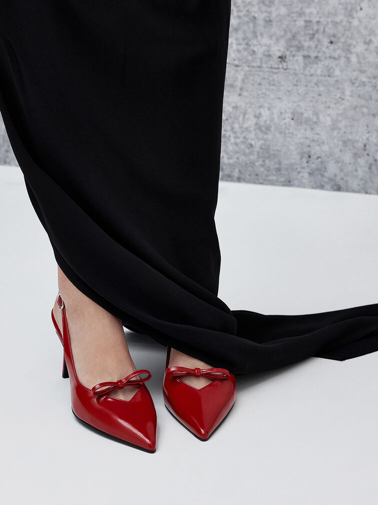 Patent Bow Slingback Pumps, Red, hi-res