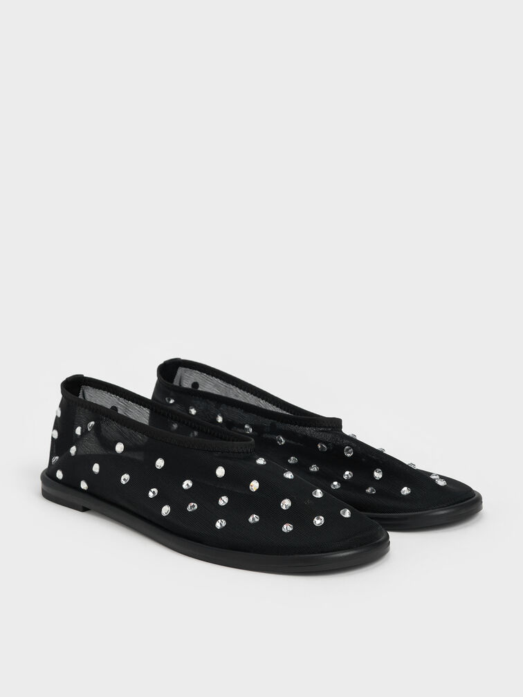 Mesh Gem-Embellished Ballet Flats, Black Textured, hi-res
