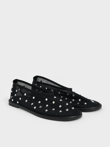Mesh Gem-Embellished Ballet Flats, Black Textured, hi-res