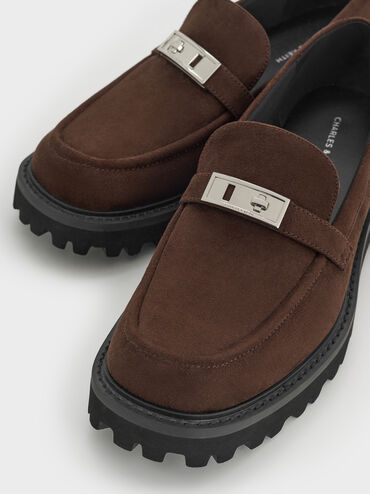 Lando Faux Suede Metallic-Accent Platform Loafers, Dark Brown Textured, hi-res