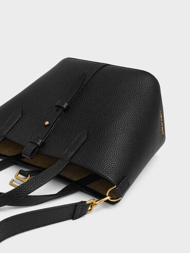 Beryl Recycled Leather Double-Handle Belted Bucket Bag, Black, hi-res