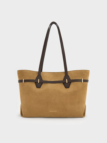 Arlet Recycled Suede Double-Handle Belted Tote Bag, Sahara Sand, hi-res