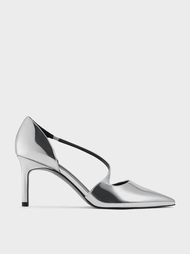 Metallic Asymmetric-Strap D’Orsay Stiletto Pumps, Silver, hi-res