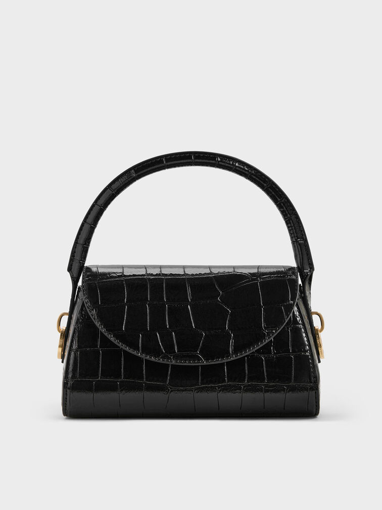 Kaila Croc-Effect Front Flap Top Handle Bag, Black Croco, hi-res