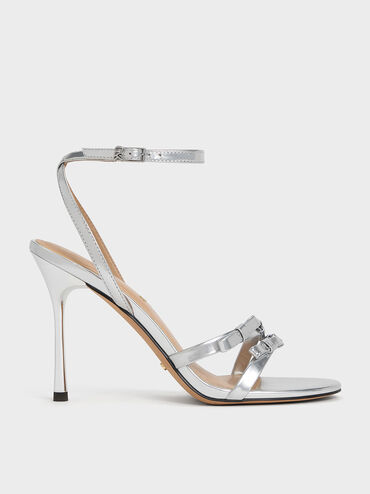 Jessy Metallic Leather Bow Ankle-Strap Stiletto-Heel Sandals, Silver, hi-res