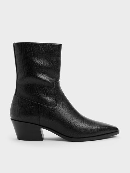 Crinkle-Effect Tapered Ankle Boots, Black, hi-res