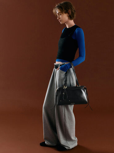 Haylen Braided-Charm Shoulder Bag, Black, hi-res